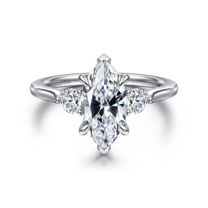 Gabriel & Co. ER16484M6W44JJ 14 karat white gold Lotus engagement ring, front view of a marquise center with pointed tip prongs and a round stone at each side
