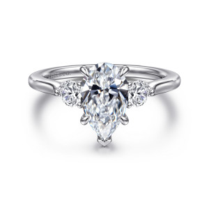 Gabriel & Co. ER16484P6W44JJ 14 karat white gold Lotus engagement ring, front view of a pear shaped center with a round stone at each side