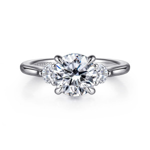 Gabriel & Co. ER16484R6W44JJ 14 karat white gold Lotus engagement ring, front view of a round center with a small round stone at each shoulder