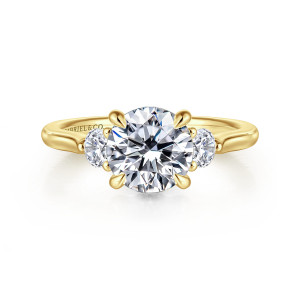 Gabriel & Co. ER16484R6Y44JJ 14 karat yellow gold Lotus engagement ring, front view of a round center with tapered prongs and a smaller round stone at each side