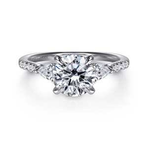 Gabriel & Co. ER16486R6W44JJ 14 karat white gold Lotus engagement ring, front view of a round center in claw prongs with a pear shaped stone at each side