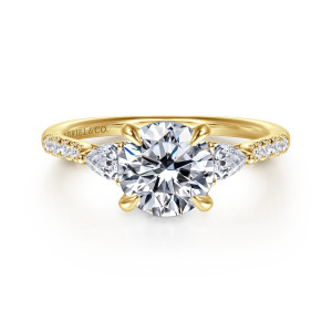 Gabriel & Co. ER16486R6Y44JJ 14 karat yellow gold Lotus engagement ring, front view of a round center flanked by pear shaped stones, with small round stones on each shoulder