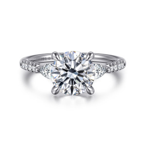 Gabriel & Co. ER16486R8W44JJ 14 karat white gold Lotus engagement ring, front view of a round center flanked by two pear shaped side stones with small stones beyond them