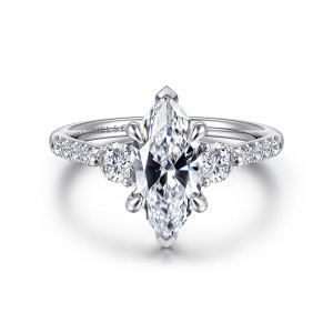 Gabriel & Co. ER16487M6W44JJ 14 karat white gold Lotus engagement ring, front view of a marquise center with a round diamond on each side and pave shoulders