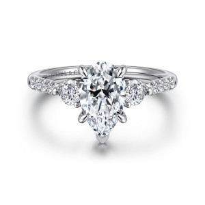 Gabriel & Co. ER16487P6W44JJ 14 karat white gold Lotus engagement ring, front view of a pear shaped center between two round diamonds with small stones on the shoulders