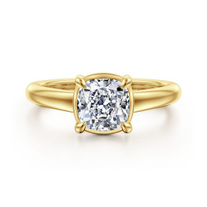 Gabriel & Co. ER16491C6Y44JJ 14 karat yellow gold Contemporary engagement ring, front view of a cushion center in a smooth rounded cup with four claw prongs