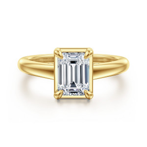 Gabriel & Co. ER16491E6Y44JJ 14 karat yellow gold Contemporary engagement ring, front view of an emerald cut center in a rectangular frame with a prong at each corner