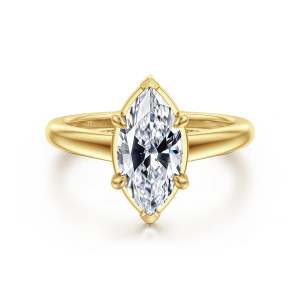 Gabriel & Co. ER16491M6Y44JJ 14 karat yellow gold Contemporary engagement ring, front view of a marquise center inside a slim outline rim with pointed tips at both ends