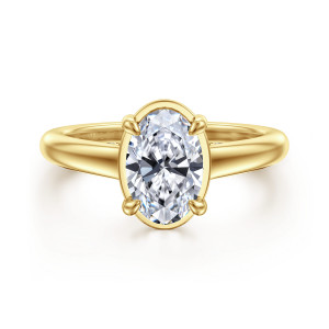 Gabriel & Co. ER16491O6Y44JJ 14 karat yellow gold Contemporary engagement ring, front view of an oval center in rounded prongs with a thin metal rim around the stone