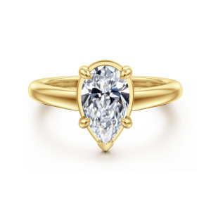Gabriel & Co. ER16491P6Y44JJ 14 karat yellow gold Contemporary engagement ring, front view of a pear shaped center inside a thin rim with a pointed tip prong