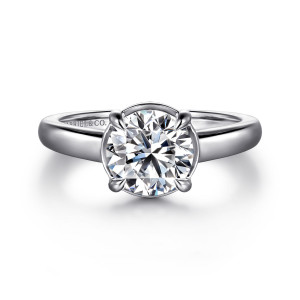 Gabriel & Co. ER16491R6W44JJ 14 karat white gold Contemporary engagement ring, front view of a round center wrapped by a thin collar with prongs at the corners