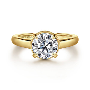 Gabriel & Co. ER16491R6Y44JJ 14 karat yellow gold Contemporary engagement ring, front view of a round center in a smooth collar with four claw prongs on a plain band
