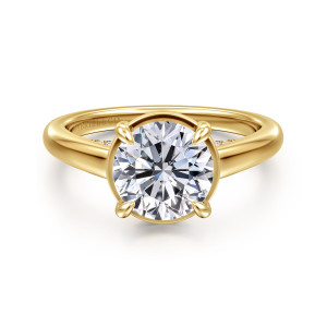 Gabriel & Co. ER16491R8Y44JJ 14 karat yellow gold Contemporary engagement ring, front view of a round center in four prongs inside a smooth metal collar