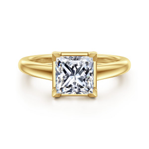 Gabriel & Co. ER16491S6Y44JJ 14 karat yellow gold Contemporary engagement ring, front view of a princess cut center in a square frame with corner prongs