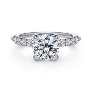 Gabriel & Co. ER16493R6W44JJ 14 karat white gold Contemporary engagement ring, front view of a round center with a row of collar set diamonds along each shoulder