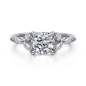 Gabriel & Co. ER16495C6W43JJ 14 karat white gold Floral Nouveau engagement ring, front view of a cushion center with elongated stones fanning out on both sides of the head