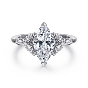 Gabriel & Co. ER16495M6W43JJ 14 karat white gold Floral Nouveau engagement ring, front view of a marquise center with pointed tip prongs and small elongated diamonds fanning beside the head