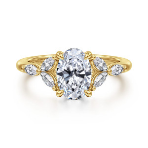 Gabriel & Co. ER16495O6Y43JJ 14 karat yellow gold Floral Nouveau engagement ring, front view of an oval center with leaf shaped clusters of small stones on each side