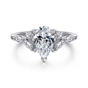 Gabriel & Co. ER16495P6W43JJ 14 karat white gold Floral Nouveau engagement ring, front view of a pear shaped center with leaf clusters of small stones on both sides