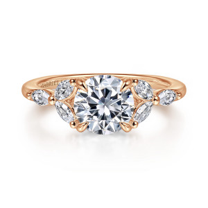 Gabriel & Co. ER16495R6K43JJ 14 karat rose gold Floral Nouveau engagement ring, front view of a round center flanked by leaf shaped clusters of elongated diamonds