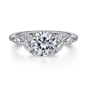 Gabriel & Co. ER16495R6W43JJ 14 karat white gold Floral Nouveau engagement ring, front view of a round center flanked by leaf like clusters of elongated diamonds on both shoulders