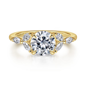 Gabriel & Co. ER16495R6Y43JJ 14 karat yellow gold Floral Nouveau engagement ring, front view of a round center with elongated diamonds fanned on each side