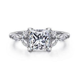 Gabriel & Co. ER16495S6W43JJ 14 karat white gold Floral Nouveau engagement ring, front view of four corner prongs and petal clusters of elongated stones beside the head