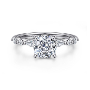 Gabriel & Co. ER16497C6W44JJ 14 karat white gold Contemporary engagement ring, front view of a cushion center with an elongated stone on each side of the head