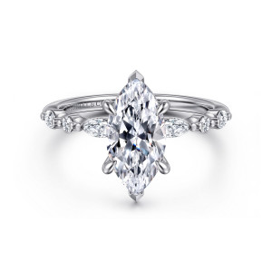Gabriel & Co. ER16497M6W44JJ 14 karat white gold Contemporary engagement ring, front view of a marquise center with six prongs and spaced elongated and round diamonds on the shoulders