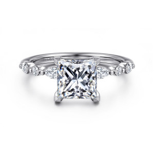 Gabriel & Co. ER16497S6W44JJ 14 karat white gold Contemporary engagement ring, front view of a square princess cut center gripped at its four corners
