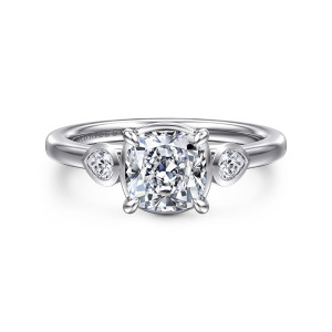 Gabriel & Co. ER16502C6W44JJ 14 karat white gold Contemporary engagement ring, front view of a cushion center with pear shaped side stones set in smooth bezels