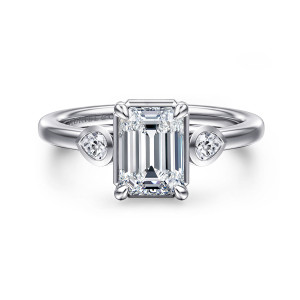 Gabriel & Co. ER16502E6W44JJ 14 karat white gold Contemporary engagement ring, front view of a rectangular center between two bezel set pear shaped side stones