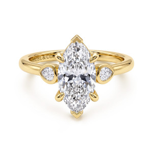 Gabriel & Co. ER16502M8Y44JJ 14 karat yellow gold Contemporary engagement ring, front view of a marquise center between bezel set pear shaped stones with pointed tip prongs