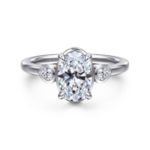 Gabriel & Co. ER16502O6W44JJ 14 karat white gold Contemporary engagement ring, front view of an oval center with a bezel set pear shaped stone on each side