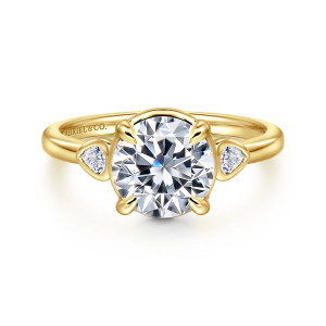Gabriel & Co. ER16502R8Y44JJ 14 karat yellow gold Contemporary engagement ring, front view of a round center with a pear shaped bezel on each side