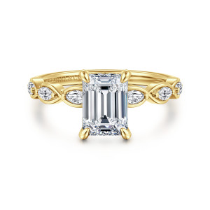 Gabriel & Co. ER16505E6M44JJ 14 karat white and yellow gold Contemporary engagement ring, front view of an emerald cut center between looping ribbon settings that hold elongated stones