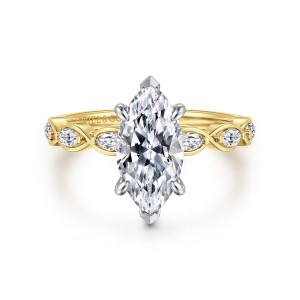 Gabriel & Co. ER16505M6M44JJ 14 karat white and yellow gold Contemporary engagement ring, front view of a marquise center with twisting ribbons around elongated diamonds on each shoulder