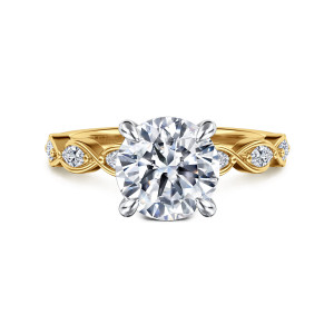 Gabriel & Co. ER16505R8M44JJ 14 karat white and yellow gold Contemporary engagement ring, front view of a round center flanked by looped shoulders holding small elongated stones