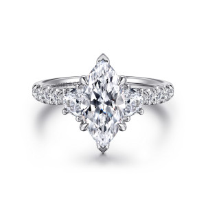 Gabriel & Co. ER16507M6W44JJ 14 karat white gold Lotus engagement ring, front view of a marquise center flanked by half moon stones with diamonds along the band
