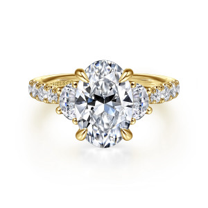 Gabriel & Co. ER16507O8Y44JJ 14 karat yellow gold Lotus engagement ring, front view of an oval center between half moon stones with round stones on the shoulders