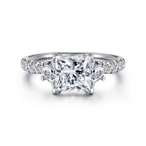 Gabriel & Co. ER16507S6W44JJ 14 karat white gold Lotus engagement ring, front view of a princess cut center with a larger side stone on each side