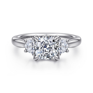 Gabriel & Co. ER16508C6W43JJ 14 karat white gold Lotus engagement ring, front view of a cushion cut center with leaf shaped prongs between two flat edged half moon stones