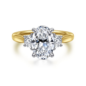 Gabriel & Co. ER16508O8M43JJ 14 karat white and yellow gold Lotus engagement ring, front view of an oval center in four claw prongs between two large half moon diamonds