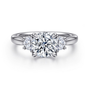 Gabriel & Co. ER16508R6W43JJ 14 karat white gold Lotus engagement ring, front view of the round center between two half moon side stones with rounded claws