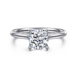 Gabriel & Co. ER16512C6W84JJ 18 karat white gold Classic engagement ring, front view of a cushion cut center with ball tipped prongs and a fine beaded edge behind