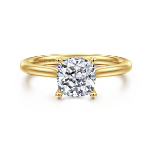 Gabriel & Co. ER16512C6Y44JJ 14 karat yellow gold Classic engagement ring, front view of a cushion cut center on ball tipped prongs above a plain smooth band