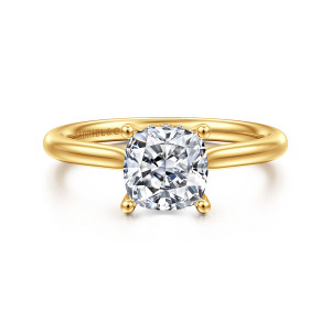 Gabriel & Co. ER16512C6Y84JJ 18 karat yellow gold Classic engagement ring, front view of a cushion center held by four rounded claw prongs on a plain band