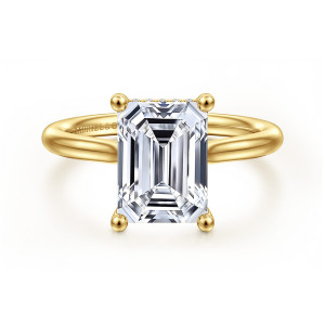 Gabriel & Co. ER16512E12Y44JJ 14 karat yellow gold Classic engagement ring, front view of an emerald cut center held by four ball tipped prongs on a plain band