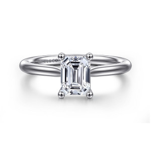 Gabriel & Co. ER16512E4PT4JJ platinum Classic engagement ring, front view of an emerald cut center in ball tipped prongs above a smooth band