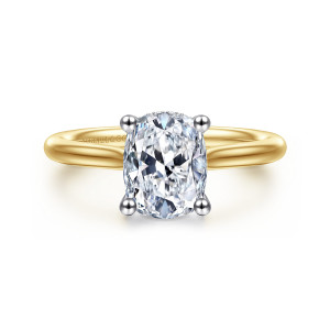 Gabriel & Co. ER16512G8M44JJ 14 karat white and yellow gold Classic engagement ring, front view of an elongated cushion center held by four ball tipped prongs on a slim band